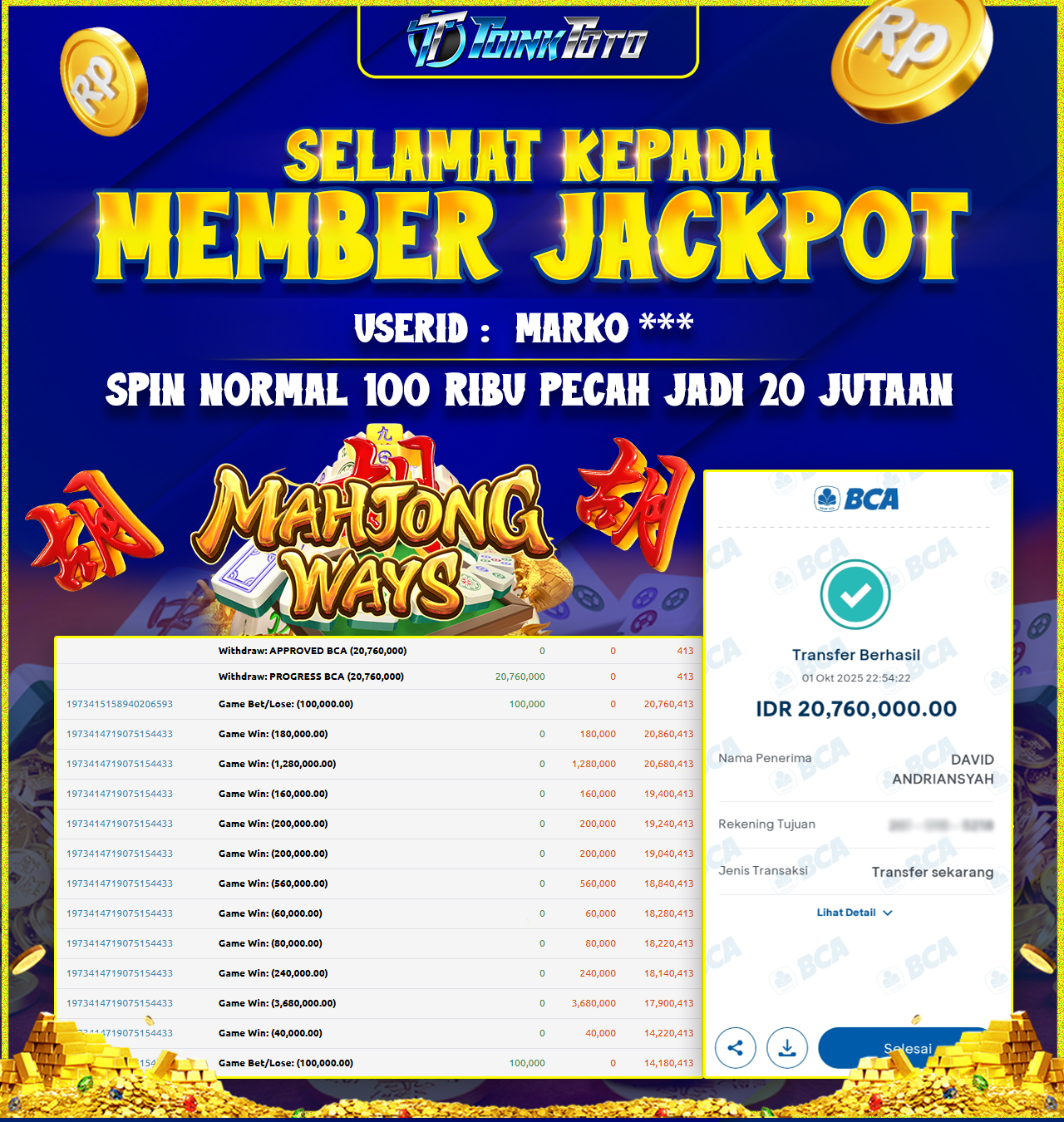 TOINKTOTO JACKPOT GAME SLOT MAHJONG WAYS PG SOFT Rp.20.760.000.,- LUNAS